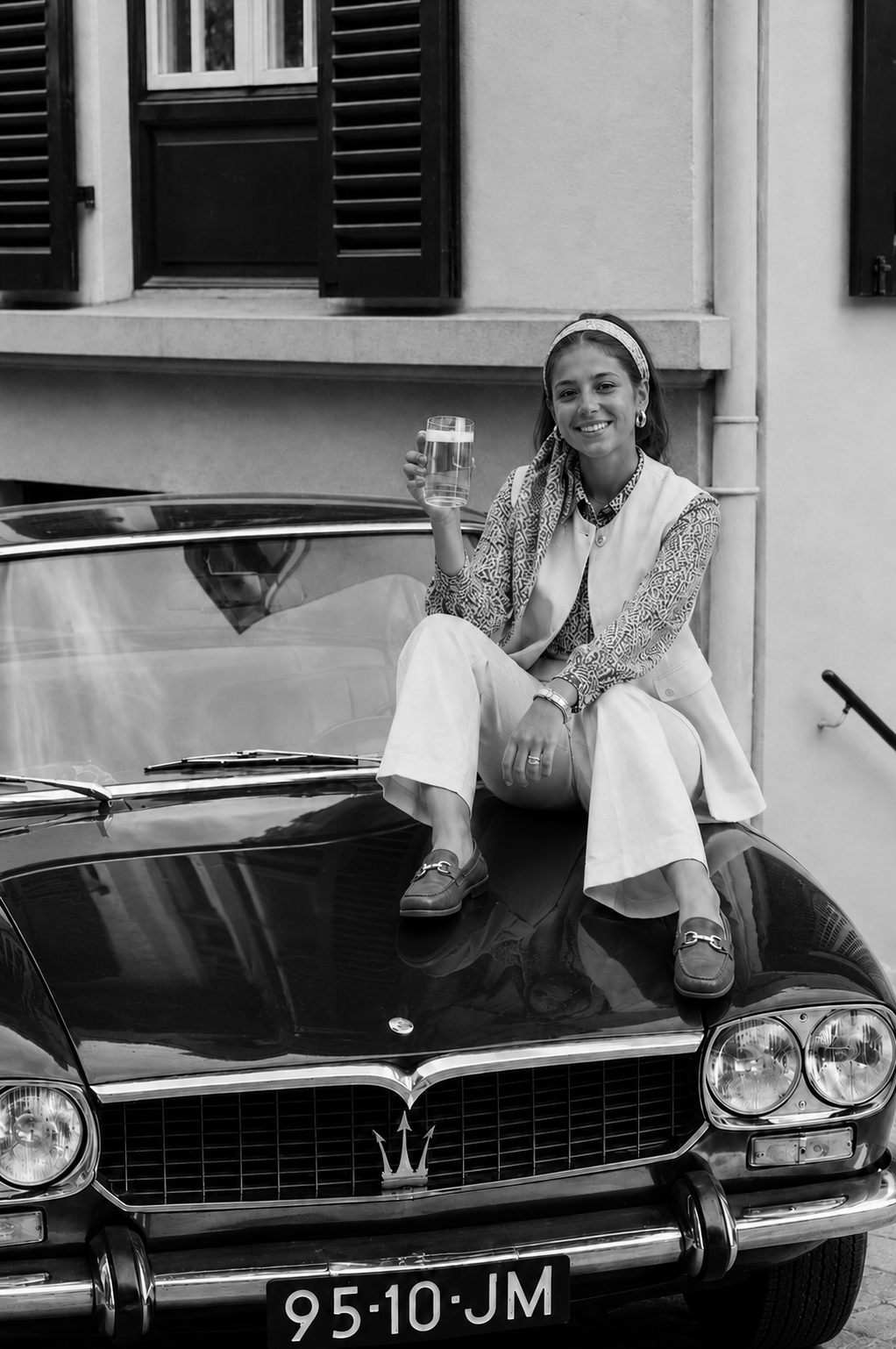 Jonge vrouw zit lachend op de motorkap van een klassieke Maserati